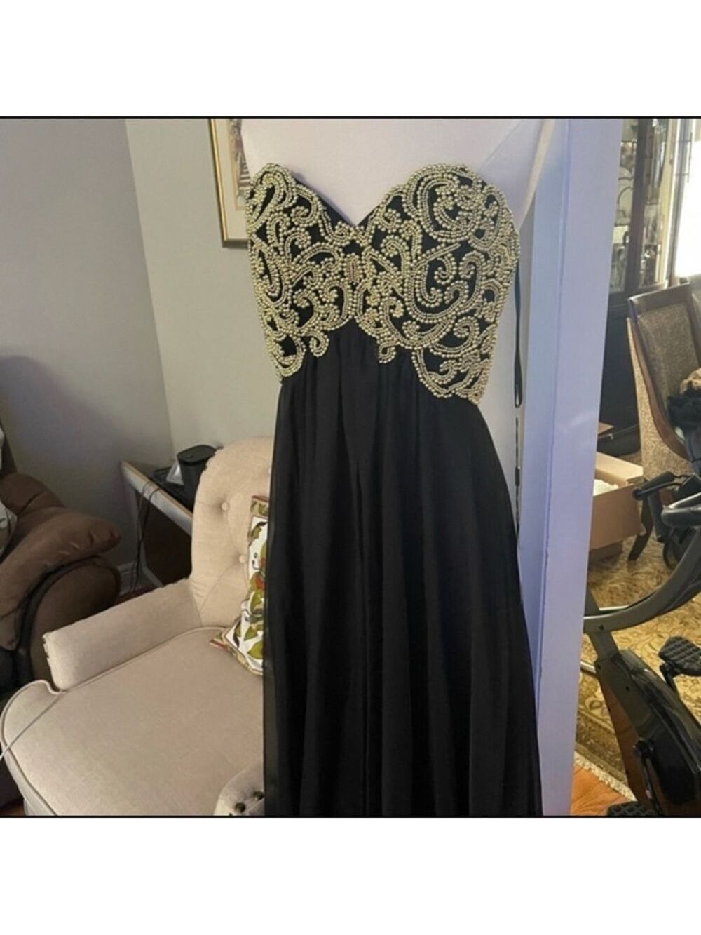 La Femme Black Chiffon Dress Good Beads - Picture 1 of 6